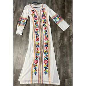 Candela Embroidered Tunic Kaftan Dress Womens Sz M White Floral Boho Maxi